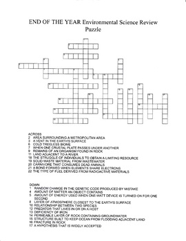 End Of Year Environmental Science Review Crossword Puzzle Tpt