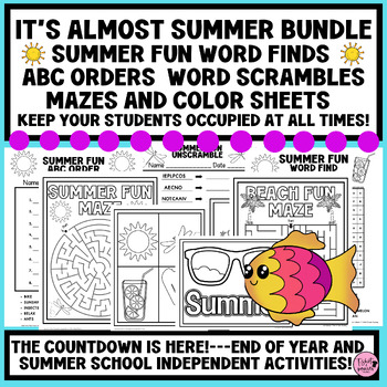 Preview of END OF YEAR SUMMER AND BEACH THEME-Word Finds ABC Order Mazes Unscramble Fun