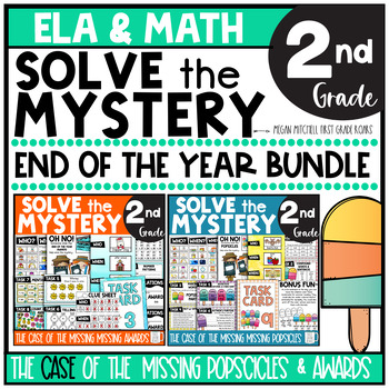 Preview of END of the Year Activities Math ELA 2nd Grade Solve the Mystery Task Card Bundle