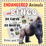 ENDANGERED ANIMAL SPECIES BINGO - 30 Game Boards & 30 Voca