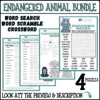 ENDANGERED ANIMAL SPECIES bundle - word search & word scramble & crossword