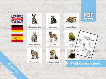 Preview of ENDANGERED ANIMALS • 24 Montessori Flash Cards • German English Spanish