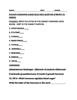 Preview of ENDOCRINE GLAND QUIZ
