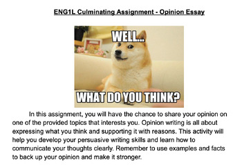 Preview of ENG1L Culminating Assignment - Opinion Essay