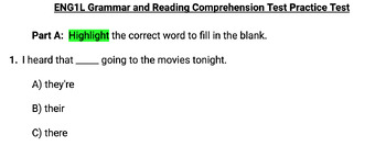 Preview of ENG1L Grammar and Reading Comprehension Test