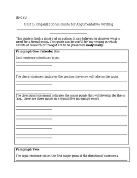 Preview of ENG4U-Organizational Guide for argumentative writing