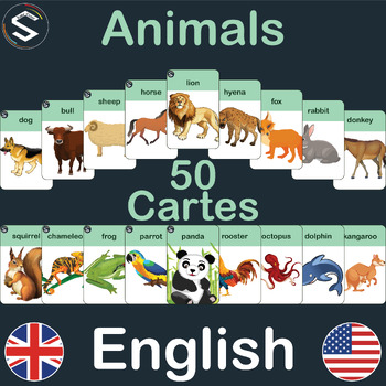 Preview of ENGLISH Animals vocabulary flashcards, With 50 Names And Images. (6x9cm)