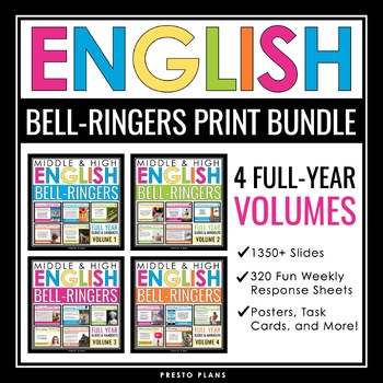 Preview of English Bell Ringers Bundle - Creative Weekly ELA Warm Ups - All Print Volumes