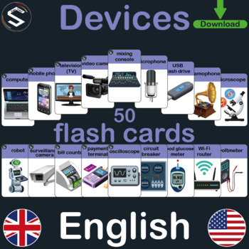 Preview of ENGLISH DEVICES Vocabulary Flash Cards, With 50 Names And Images.
