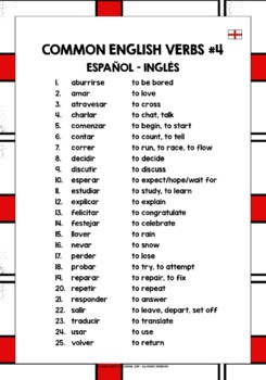 ENGLISH FOR SPANISH SPEAKERS ENGLISH VERBS LIST FREEBIE #4 | TPT