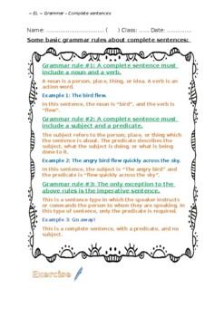 Preview of ENGLISH GRAMMAR - Complete sentences Notes and Worksheet