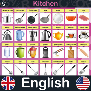 Preview of ENGLISH "Kitchen" Vocabulary Large Posters With 49 Names And Images of Utensils.