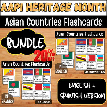 Preview of ENGLISH & SPANISH Asian American Heritage Month Countries Flag Flashcards BUNDLE