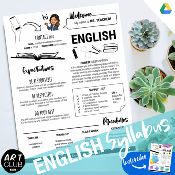 Preview of ENGLISH SYLLABUS Template | Editable B&W  Version + Watercolor Version