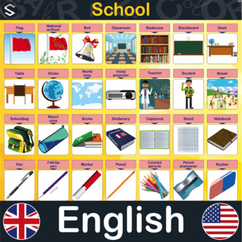 Preview of ENGLISH "School" Vocabulary Large Posters (A0) With 49 Names And Images.