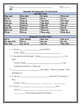 enl esl separable insperable and phrasal verbs worksheet packet by enl sheets