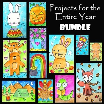 Preview of ENTIRE YEAR ART BUNDLE | 12 EASY Directed Drawing & Watercolor Painting Lessons