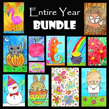 Preview of ENTIRE YEAR ART BUNDLE | 12 EASY Directed Drawing & Watercolor Painting Projects