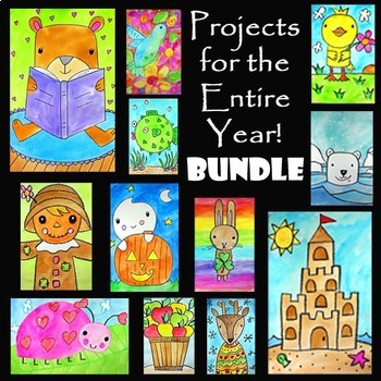 Preview of ENTIRE YEAR ART BUNDLE | 12 EASY Directed Drawing & Watercolor Painting Projects