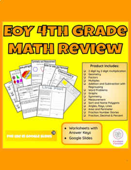 Preview of EOY 4th Grade Math Review Worksheets and Google Slides with Answer Key