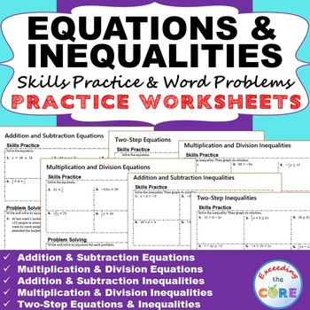Preview of EQUATIONS & INEQUALITIES Homework Worksheets - Skills Practice & Word Problems