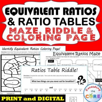 Preview of EQUIVALENT RATIOS AND RATIO TABLE Maze, Riddle, Coloring Page | Print or Digital