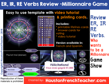 Preview of ER IR RE French Verbs (Verbes) Review Game - Millionaire Game Review (editable)