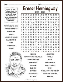 ERNEST HEMINGWAY Biography Word Search Puzzle Worksheet Activity
