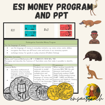 Preview of ES1 Kindergarten Australian Coin Money Program, Student Booklet & PowerPoint