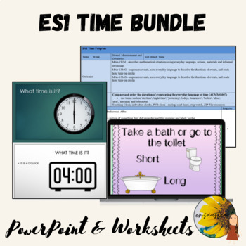 Preview of ES1 Kindergarten Time Bundle - PPT, Program & Worksheets (Clocks, Telling time)