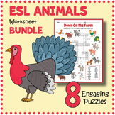 ESL ANIMALS BUNDLE  - 8 Crossword & Word Search Worksheet 
