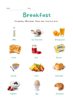 Preview of ESL BREAKFAST Food and Drink Vocabulary Printable for English Learners