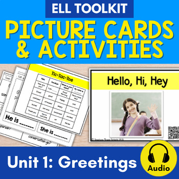 Preview of ESL Back to School Vocabulary Flashcards Greetings, ESL First Week Picture Cards