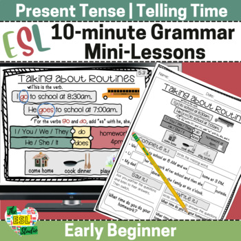 Preview of ESL Beginner Grammar Lessons & Worksheets | Simple Present Tense & Telling Time