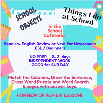 Preview of ESL Newcomers- New Lesson or Review- School Vocab  & Verbs- No PREP- 5th-12h