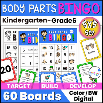 Preview of Body Parts No 1-20 Bingo Set 5x5 Pictures/Words/Clues/Rhymes ESL EFL SLP