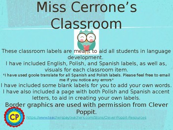 Preview of ESL Classroom Labels English, Polish, & Spanish