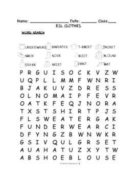 ESL Clothes PUZZLES WORKSHEETS Crossword Matching Word search   MORE