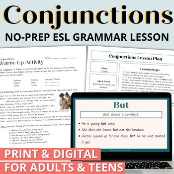 Preview of Adult ESL Beginner English Grammar Worksheets & Activities - Conjunctions FREE