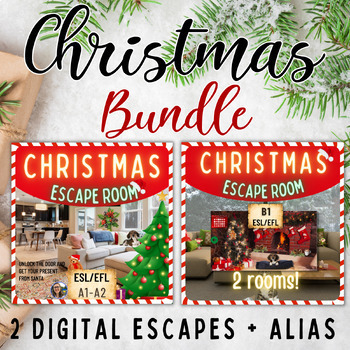 Preview of Christmas BUNDLE English ESL/EFL, 2 escape rooms A1/A2/B1 + Alias game