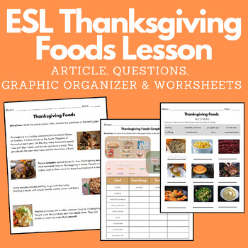 Preview of ESL/EFL Thanksgiving Foods Lesson with Article, Worksheets and Graphic Organizer