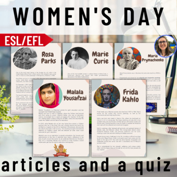 Preview of ESL/EFL Women's day 5 articles about inspiring women, questions and a quiz