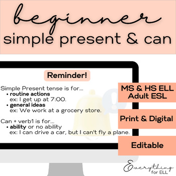 Preview of ESL-ELD Beginner & Newcomer (A1) | Simple Present & Can Mixed Practice