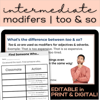 Preview of ESL-ELD Intermediate (B1 & B2) | Adjective & Adverbs Modifiers Too & So