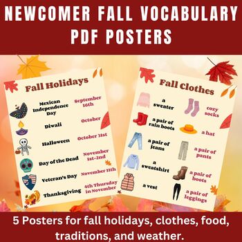 Preview of ESL ELL 5 Newcomer Fall Holiday Vocabulary Posters