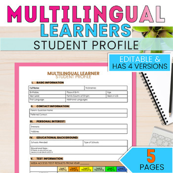 Preview of ESL ELL Multilingual Student Profile Template for Teachers-PRINT & EDIT-4 TYPES!
