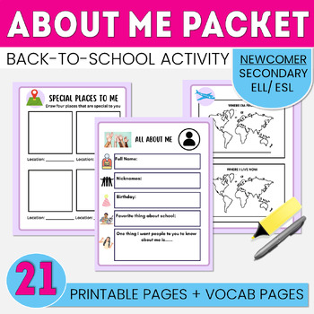 Preview of ESL ELL Newcomer About Me Back to School Printable Pages + Vocab pages included!
