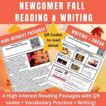 Preview of ESL ELL Newcomer Fall Reading Activity with 4 High Interest Passages + QR Codes