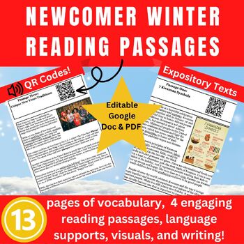 Preview of ESL ELL Newcomer Winter Reading Passages + Vocab and Writing Supports