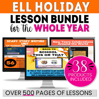 Preview of ESL Year Long Holiday Slides & Lessons - Secondary ELL Holiday Themes